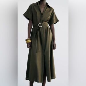 Zara New Green Linen Blend Belted Shirtdress .Short Sleeve. Size L